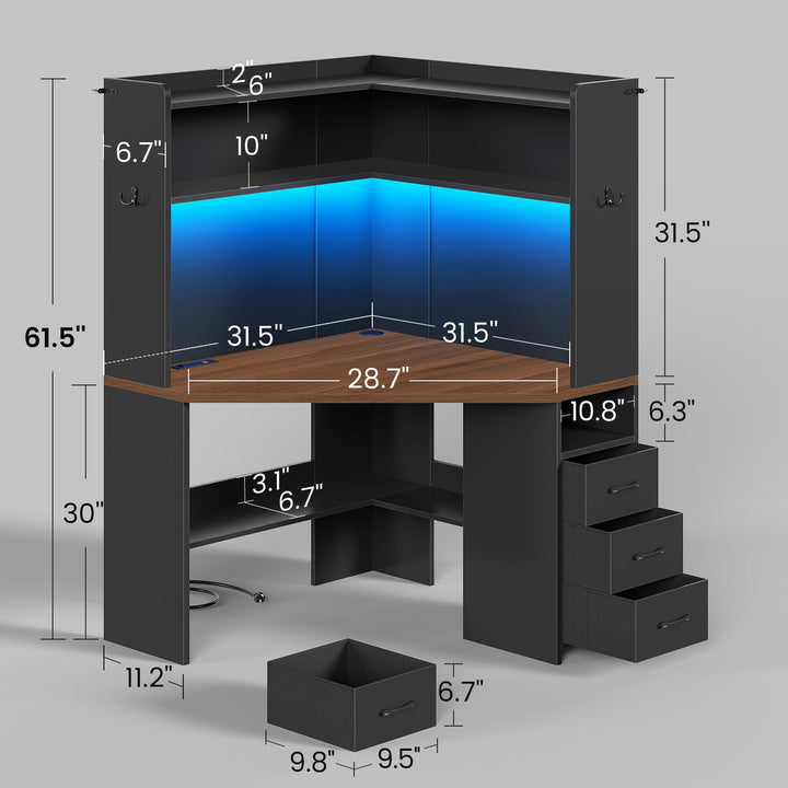 SEDETA® 31.5 Inch Corner Gaming Desk with 3 Drawers LED Lights Corner Desk for Small Space Corner Desk with Hutch Corner Computer Desk with Storage Shelves Power Strip for Home Office