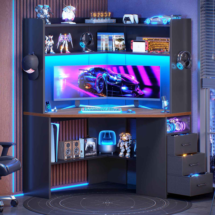 SEDETA® 31.5 Inch Corner Gaming Desk with 3 Drawers LED Lights Corner Desk for Small Space Corner Desk with Hutch Corner Computer Desk with Storage Shelves Power Strip for Home Office