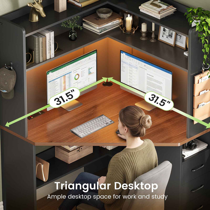 SEDETA® 31.5 Inch Corner Gaming Desk with 3 Drawers LED Lights Corner Desk for Small Space Corner Desk with Hutch Corner Computer Desk with Storage Shelves Power Strip for Home Office