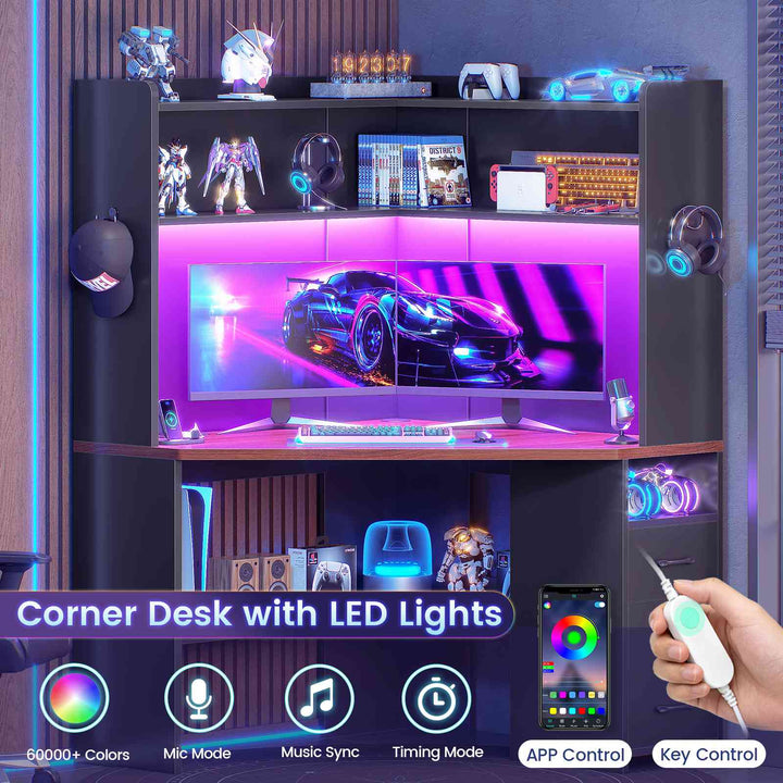 SEDETA® 31.5 Inch Corner Gaming Desk with 3 Drawers LED Lights Corner Desk for Small Space Corner Desk with Hutch Corner Computer Desk with Storage Shelves Power Strip for Home Office