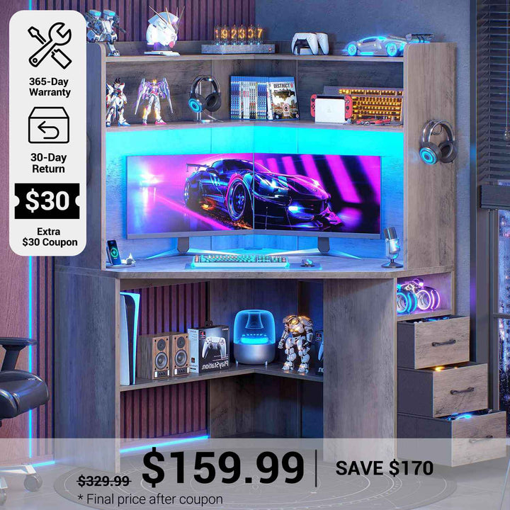 SEDETA® 31.5 Inch Corner Gaming Desk with 3 Drawers LED Lights Corner Desk for Small Space Corner Desk with Hutch Corner Computer Desk with Storage Shelves Power Strip for Home Office