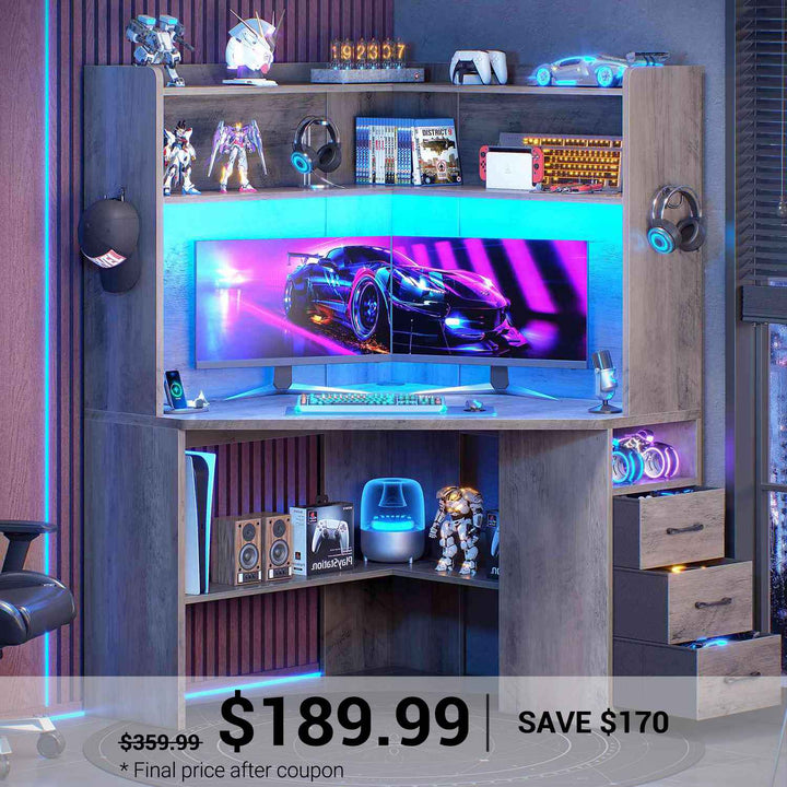 SEDETA 31.5 Inch Corner Desk for Small Space Corner Gaming Desk with 3 Drawers LED Lights Corner Desk with Hutch Corner Computer Desk with Storage Shelves Power Strip for Home Office