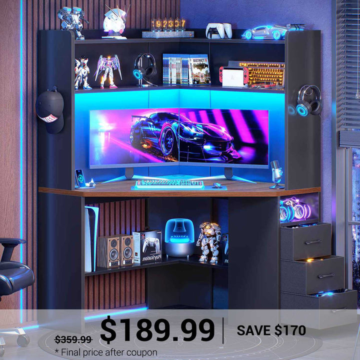 SEDETA 31.5 Inch Corner Desk for Small Space Corner Gaming Desk with 3 Drawers LED Lights Corner Desk with Hutch Corner Computer Desk with Storage Shelves Power Strip for Home Office