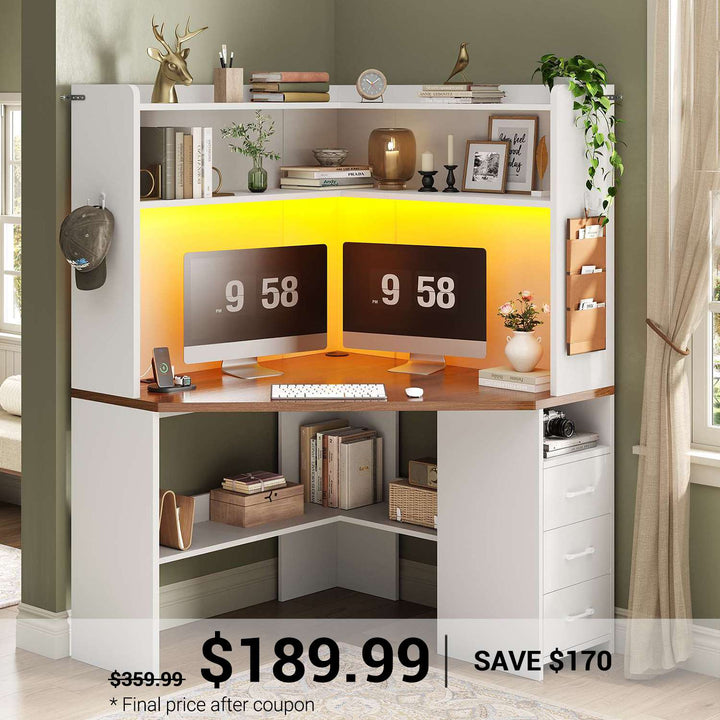 SEDETA 31.5 Inch Corner Desk for Small Space Corner Gaming Desk with 3 Drawers LED Lights Corner Desk with Hutch Corner Computer Desk with Storage Shelves Power Strip for Home Office