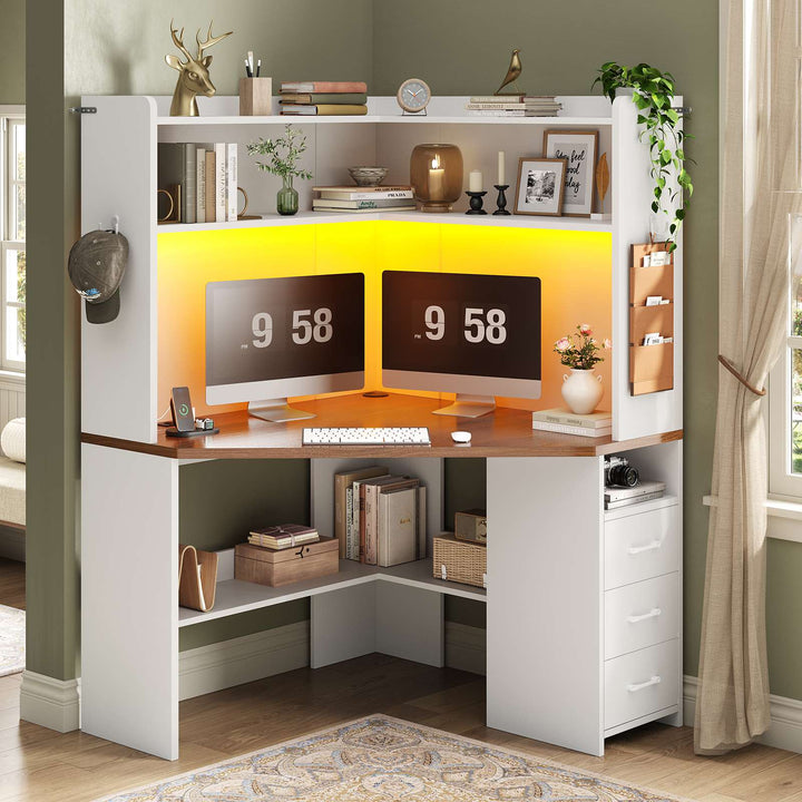 SEDETA® 31.5 Inch Corner Gaming Desk with 3 Drawers LED Lights Corner Desk for Small Space Corner Desk with Hutch Corner Computer Desk with Storage Shelves Power Strip for Home Office