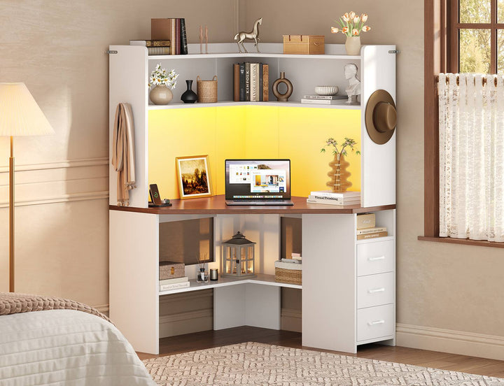 SEDETA® 31.5 Inch Corner Gaming Desk with 3 Drawers LED Lights Corner Desk for Small Space Corner Desk with Hutch Corner Computer Desk with Storage Shelves Power Strip for Home Office