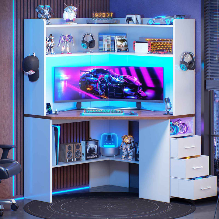 SEDETA® 31.5 Inch Corner Gaming Desk with 3 Drawers LED Lights Corner Desk for Small Space Corner Desk with Hutch Corner Computer Desk with Storage Shelves Power Strip for Home Office