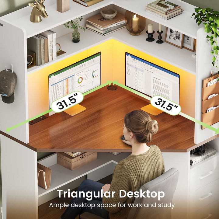 SEDETA® 31.5 Inch Corner Gaming Desk with 3 Drawers LED Lights Corner Desk for Small Space Corner Desk with Hutch Corner Computer Desk with Storage Shelves Power Strip for Home Office