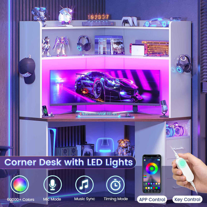 SEDETA® 31.5 Inch Corner Gaming Desk with 3 Drawers LED Lights Corner Desk for Small Space Corner Desk with Hutch Corner Computer Desk with Storage Shelves Power Strip for Home Office