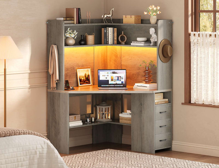 SEDETA® 31.5 Inch Corner Gaming Desk with 3 Drawers LED Lights Corner Desk for Small Space Corner Desk with Hutch Corner Computer Desk with Storage Shelves Power Strip for Home Office