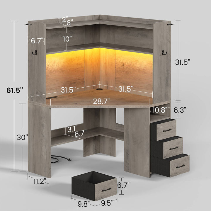SEDETA® 31.5 Inch Corner Gaming Desk with 3 Drawers LED Lights Corner Desk for Small Space Corner Desk with Hutch Corner Computer Desk with Storage Shelves Power Strip for Home Office
