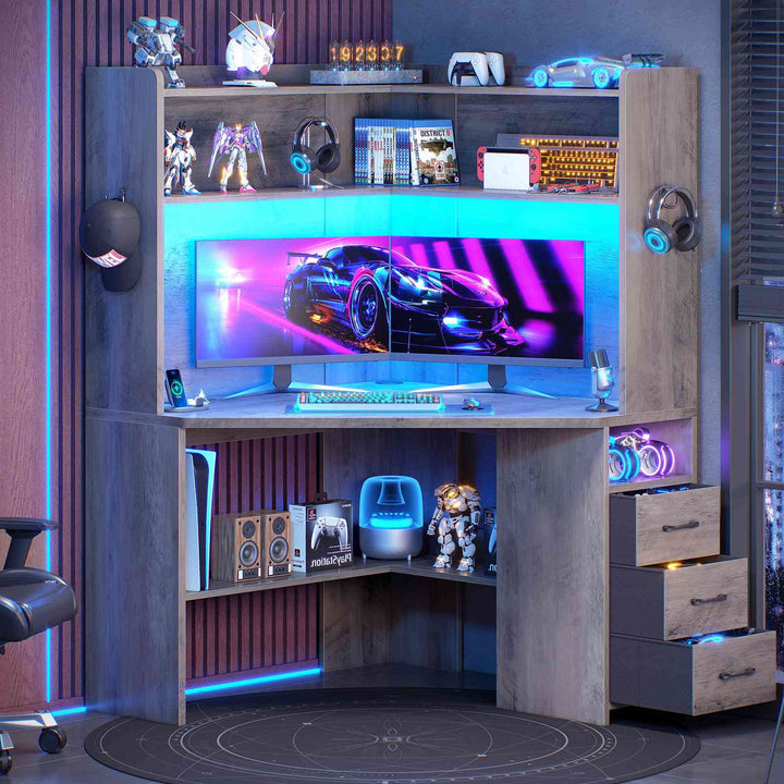 SEDETA® 31.5 Inch Corner Gaming Desk with 3 Drawers LED Lights Corner Desk for Small Space Corner Desk with Hutch Corner Computer Desk with Storage Shelves Power Strip for Home Office