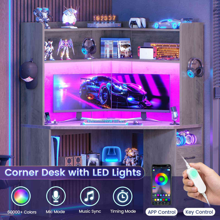 SEDETA® 31.5 Inch Corner Gaming Desk with 3 Drawers LED Lights Corner Desk for Small Space Corner Desk with Hutch Corner Computer Desk with Storage Shelves Power Strip for Home Office