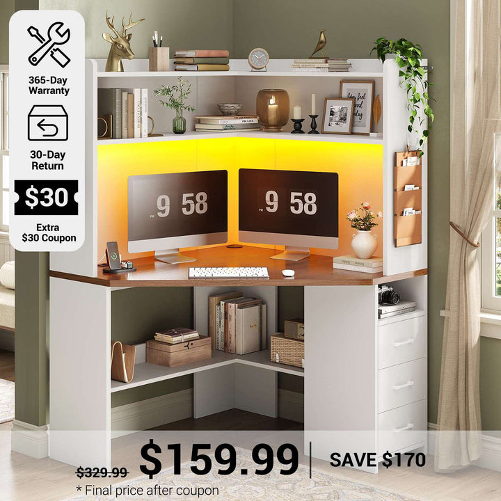 SEDETA® 31.5 Inch Corner Gaming Desk with 3 Drawers LED Lights Corner Desk for Small Space Corner Desk with Hutch Corner Computer Desk with Storage Shelves Power Strip for Home Office