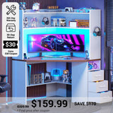 SEDETA® 31.5 Inch Corner Gaming Desk with 3 Drawers LED Lights Corner Desk for Small Space Corner Desk with Hutch Corner Computer Desk with Storage Shelves Power Strip for Home Office