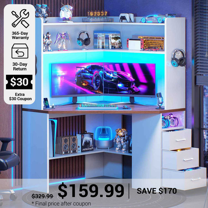 SEDETA® 31.5 Inch Corner Gaming Desk with 3 Drawers LED Lights Corner Desk for Small Space Corner Desk with Hutch Corner Computer Desk with Storage Shelves Power Strip for Home Office