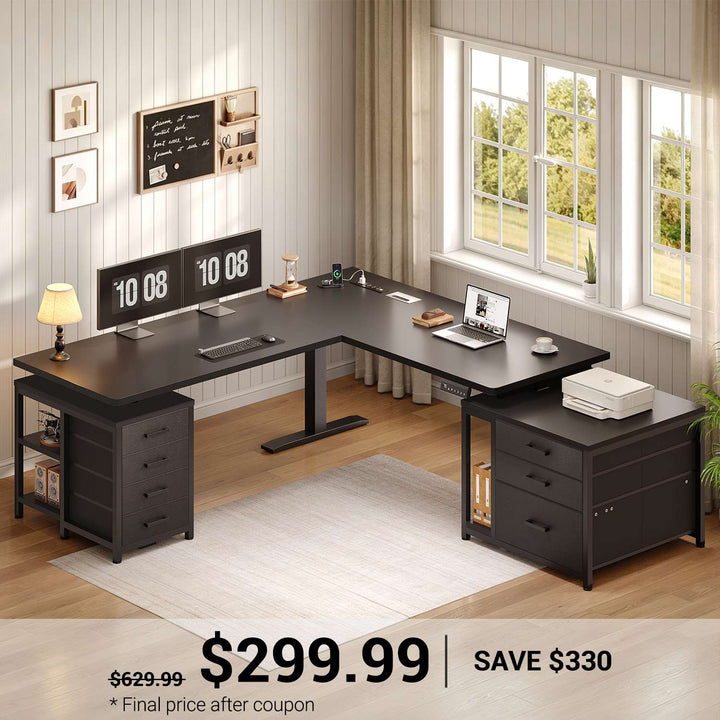 SEDETA | 63 Inch Sit Stand Desk with Storage Shelves 3 Memory Presets Height Adjustable Stand Up Desk with Power Outlets L Shaped Electric Standing Desk with 7 Drawers