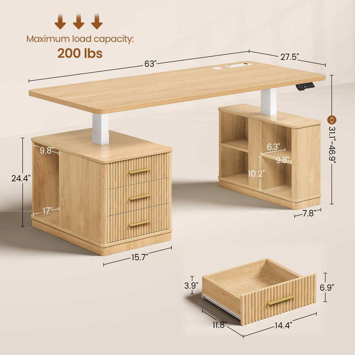 SEDETA | 63 Inch Fluted Stand up Desk with Power Outlets Height Adjustable Standing Desk with 3 Drawers Electric Standing Desk with Storage Shelves for Home Office