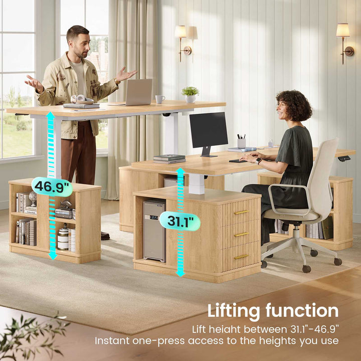 SEDETA | 63 Inch Fluted Stand up Desk with Power Outlets Height Adjustable Standing Desk with 3 Drawers Electric Standing Desk with Storage Shelves for Home Office