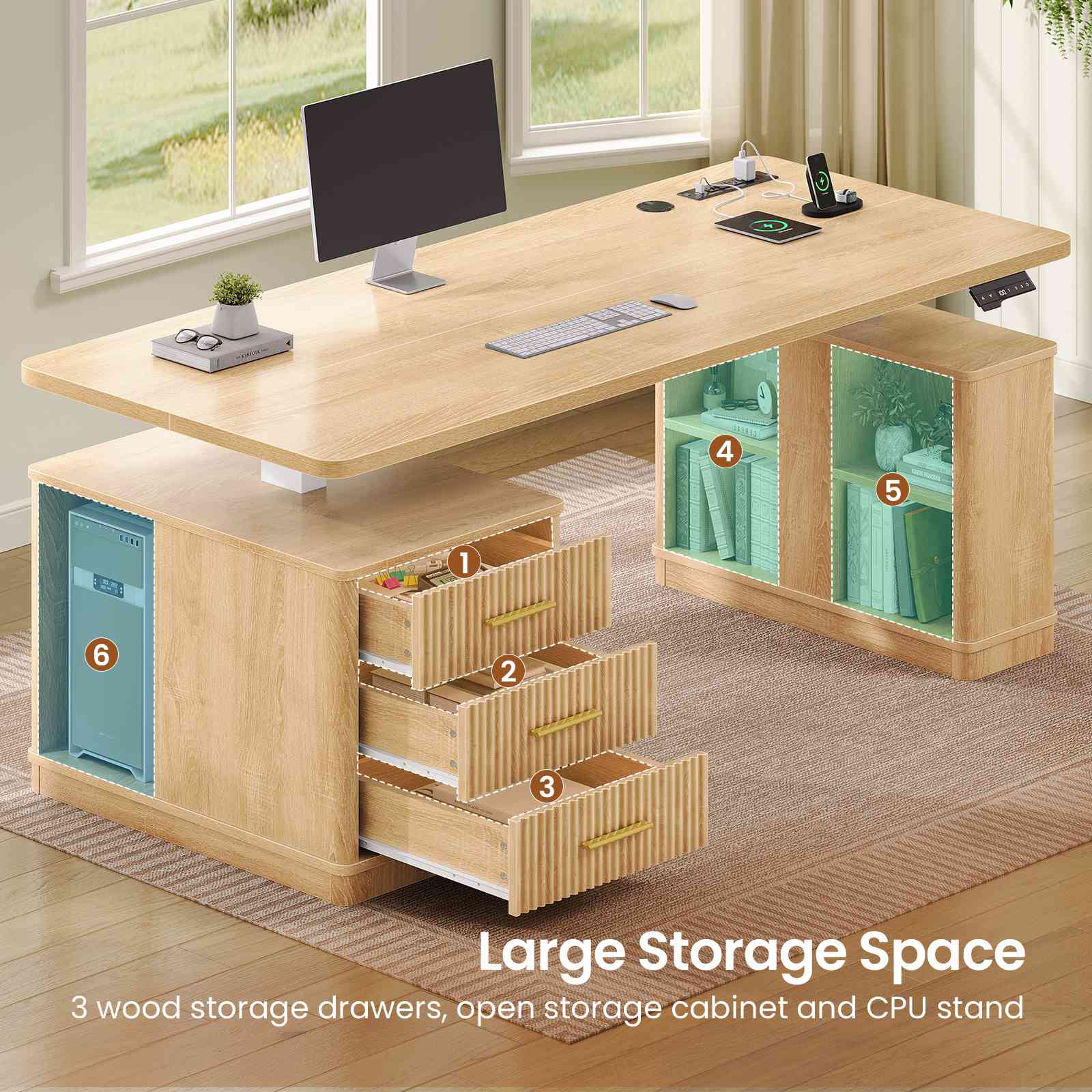 SEDETA® 63 Inch Fluted Height Adjustable Standing Desk with 3 Drawers