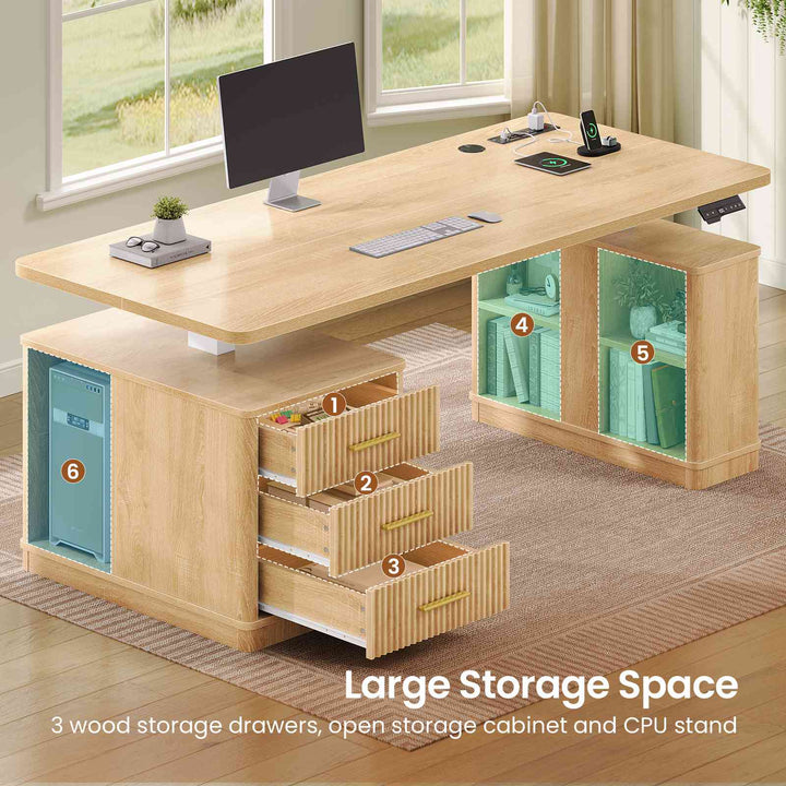 SEDETA | 63 Inch Fluted Stand up Desk with Power Outlets Height Adjustable Standing Desk with 3 Drawers Electric Standing Desk with Storage Shelves for Home Office