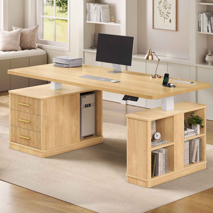 SEDETA | 63 Inch Fluted Stand up Desk with Power Outlets Height Adjustable Standing Desk with 3 Drawers Electric Standing Desk with Storage Shelves for Home Office