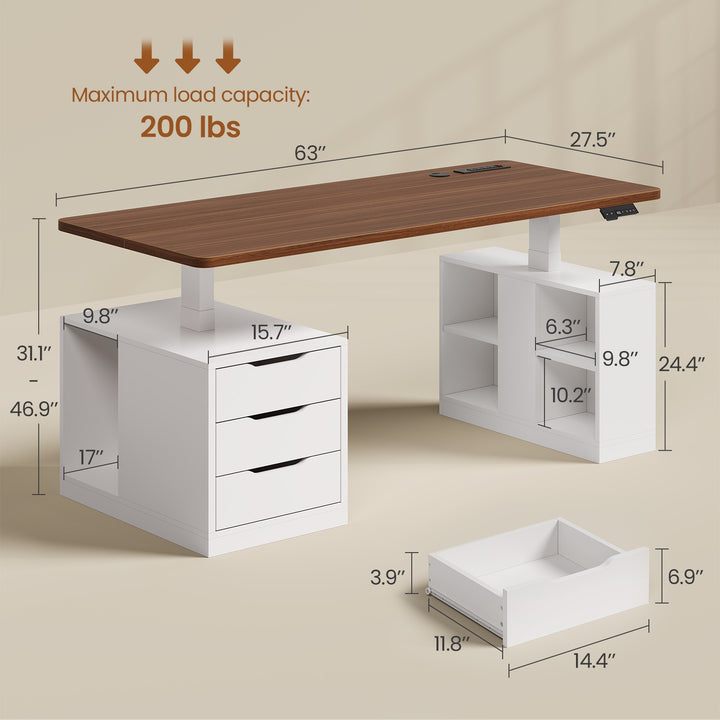 SEDETA 63 Inch Modern Electric Standing Desk Height Adjustable Computer Desk with 3 Drawers Storage Shelves Power Outlets Wood Home Office Stand up Desk for Work Study Writing
