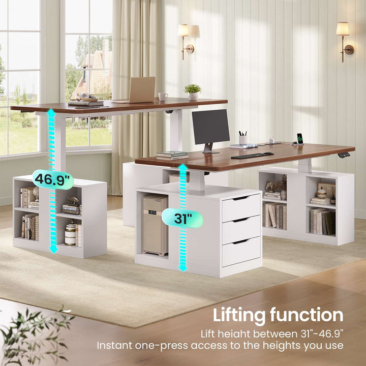 SEDETA 63 Inch Modern Electric Standing Desk Height Adjustable Computer Desk with 3 Drawers Storage Shelves Power Outlets Wood Home Office Stand up Desk for Work Study Writing