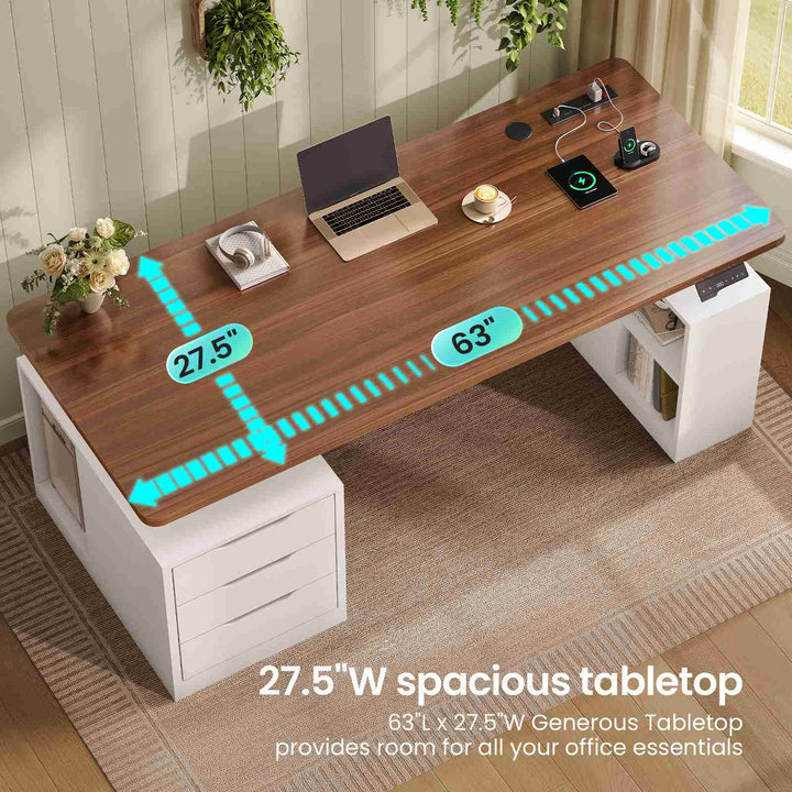 SEDETA 63 Inch Modern Electric Standing Desk Height Adjustable Computer Desk with 3 Drawers Storage Shelves Power Outlets Wood Home Office Stand up Desk for Work Study Writing