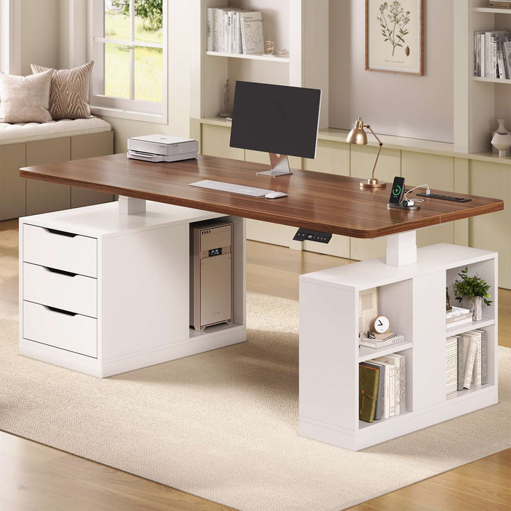 SEDETA 63 Inch Modern Electric Standing Desk Height Adjustable Computer Desk with 3 Drawers Storage Shelves Power Outlets Wood Home Office Stand up Desk for Work Study Writing