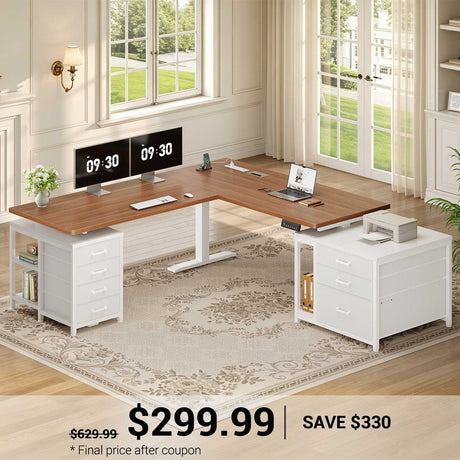 SEDETA | 63 Inch Sit Stand Desk with Storage Shelves 3 Memory Presets Height Adjustable Stand Up Desk with Power Outlets L Shaped Electric Standing Desk with 7 Drawers