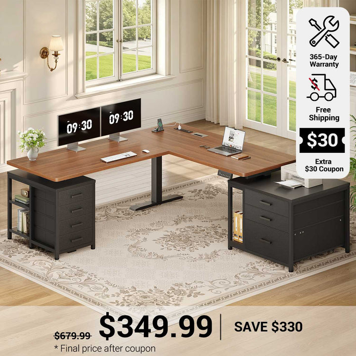 SEDETA 63 Inch L Shaped Electric Standing Desk with 7 Drawers Height Adjustable Stand Up Desk with Power Outlets Sit Stand Desk with Storage Shelves 3 Memory Presets