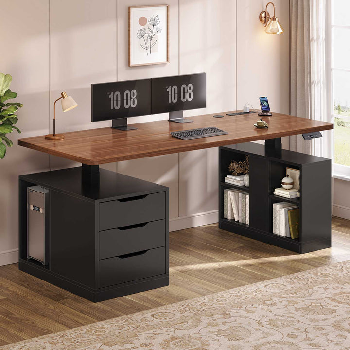 SEDETA 63 Inch Modern Electric Standing Desk Height Adjustable Computer Desk with 3 Drawers Storage Shelves Power Outlets Wood Home Office Stand up Desk for Work Study Writing