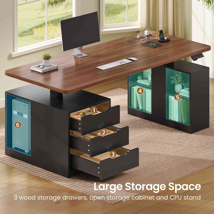 SEDETA 63 Inch Modern Electric Standing Desk Height Adjustable Computer Desk with 3 Drawers Storage Shelves Power Outlets Wood Home Office Stand up Desk for Work Study Writing
