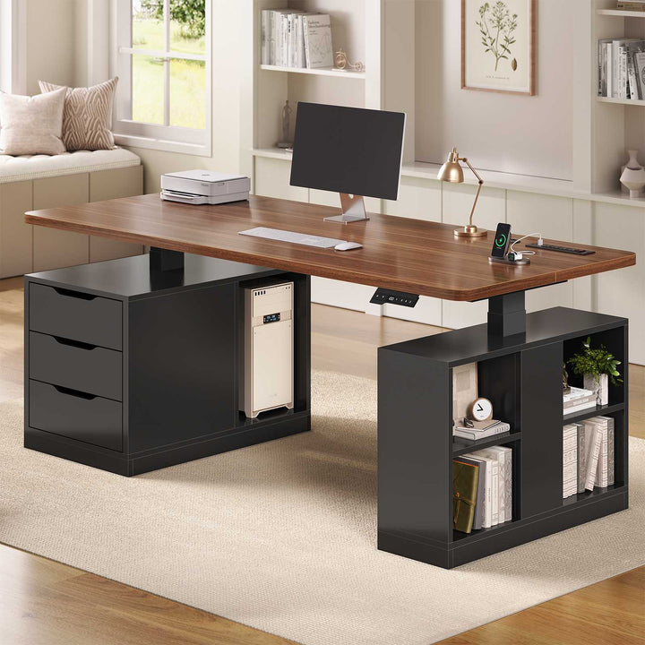 SEDETA 63 Inch Modern Electric Standing Desk Height Adjustable Computer Desk with 3 Drawers Storage Shelves Power Outlets Wood Home Office Stand up Desk for Work Study Writing