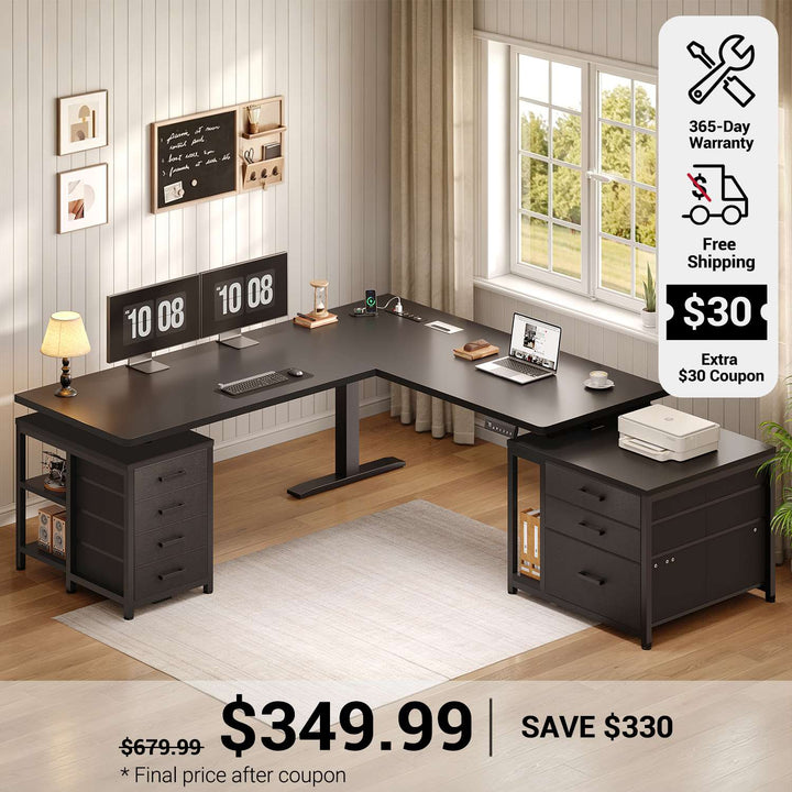 SEDETA 63 Inch L Shaped Electric Standing Desk with 7 Drawers Height Adjustable Stand Up Desk with Power Outlets Sit Stand Desk with Storage Shelves 3 Memory Presets