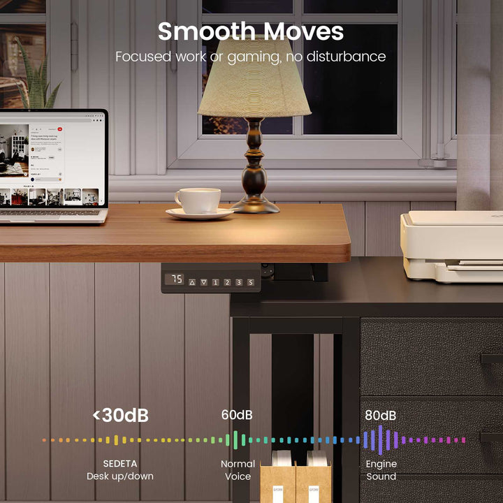 SEDETA | 63 Inch Sit Stand Desk with Storage Shelves 3 Memory Presets Height Adjustable Stand Up Desk with Power Outlets L Shaped Electric Standing Desk with 7 Drawers