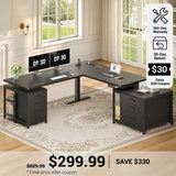SEDETA® 63 Inch Height Adjustable Stand Up Desk with Power Outlets L Shaped Electric Standing Desk with 7 Drawers Sit Stand Desk with Storage Shelves 3 Memory Presets