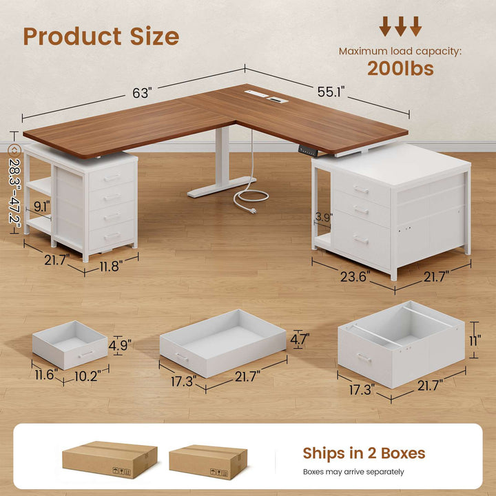 SEDETA | 63 Inch Sit Stand Desk with Storage Shelves 3 Memory Presets Height Adjustable Stand Up Desk with Power Outlets L Shaped Electric Standing Desk with 7 Drawers