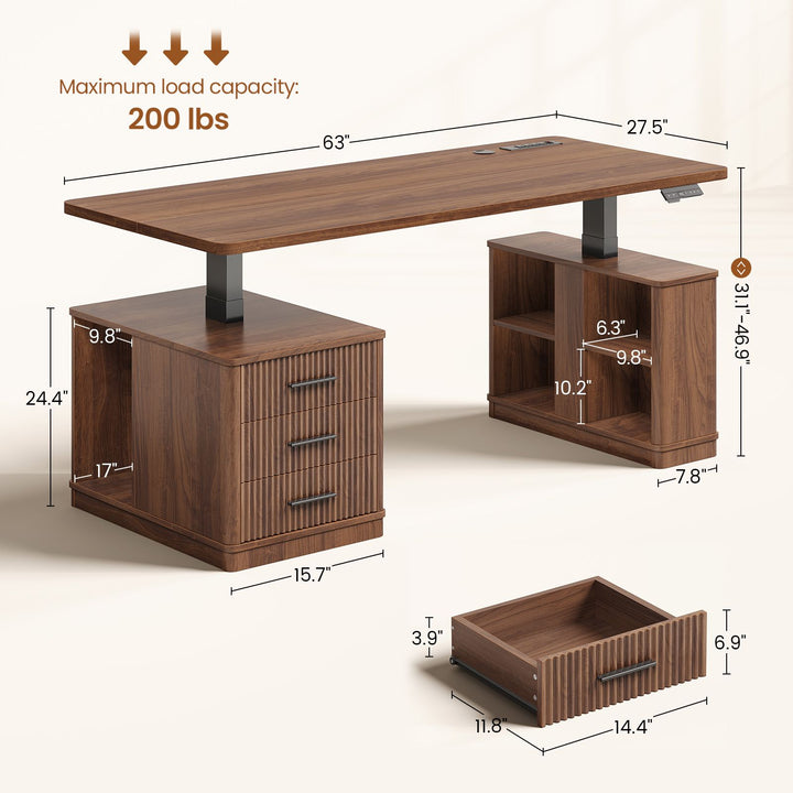 SEDETA | 63 Inch Fluted Stand up Desk with Power Outlets Height Adjustable Standing Desk with 3 Drawers Electric Standing Desk with Storage Shelves for Home Office