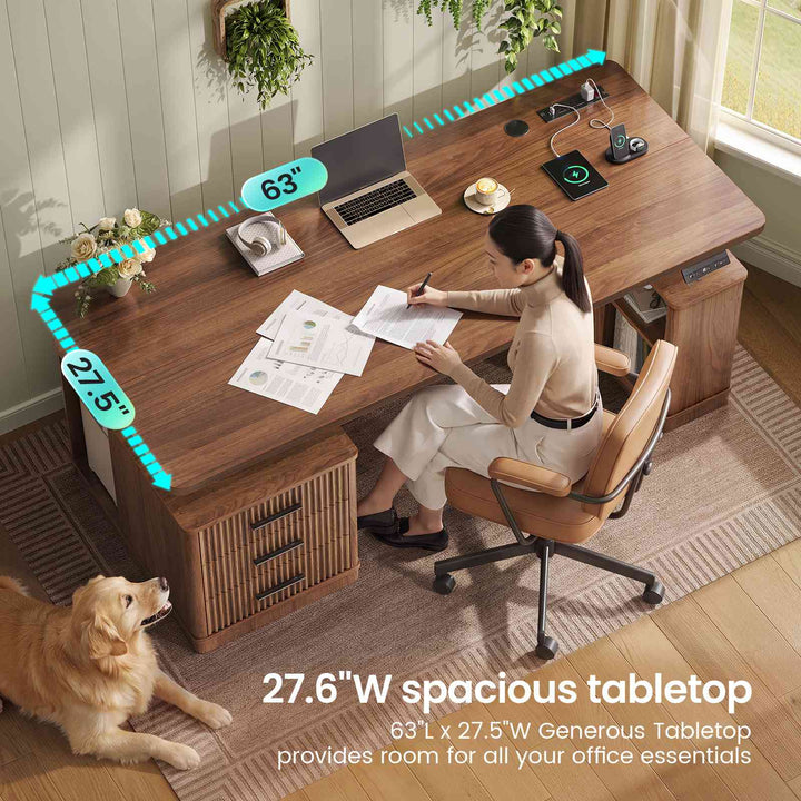 SEDETA | 63 Inch Fluted Stand up Desk with Power Outlets Height Adjustable Standing Desk with 3 Drawers Electric Standing Desk with Storage Shelves for Home Office
