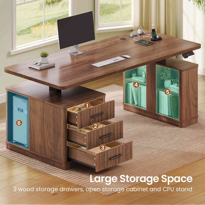 SEDETA | 63 Inch Fluted Stand up Desk with Power Outlets Height Adjustable Standing Desk with 3 Drawers Electric Standing Desk with Storage Shelves for Home Office