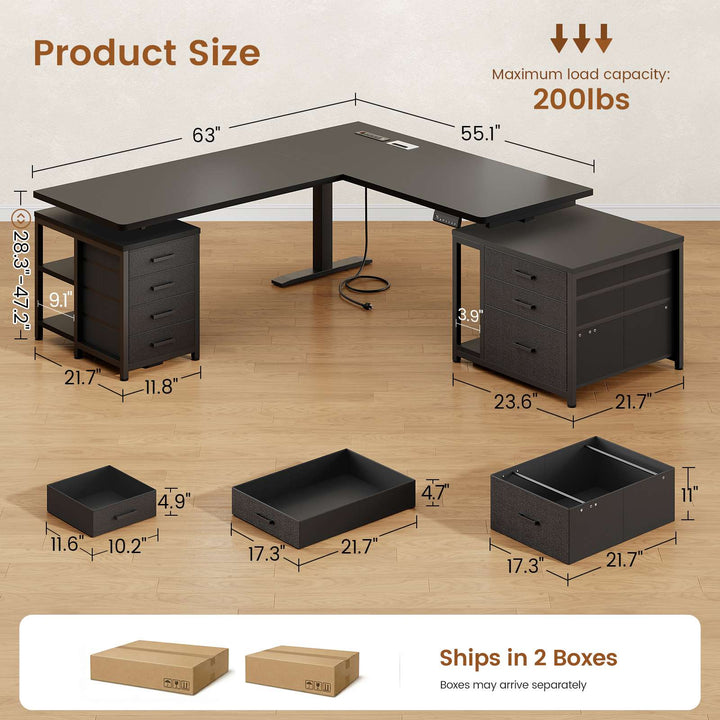 SEDETA | 63 Inch Sit Stand Desk with Storage Shelves 3 Memory Presets Height Adjustable Stand Up Desk with Power Outlets L Shaped Electric Standing Desk with 7 Drawers