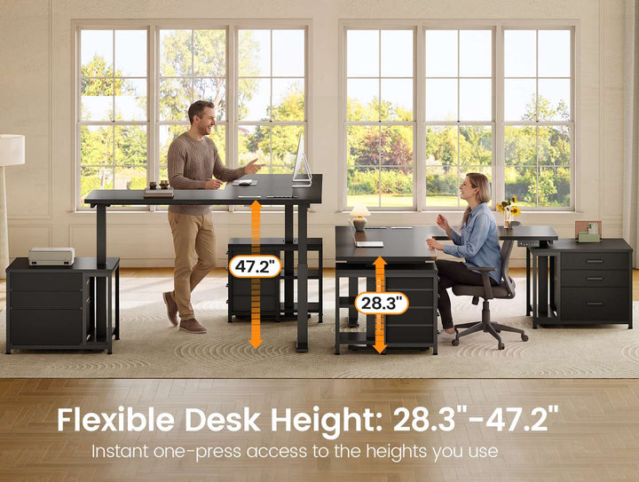 SEDETA | 63 Inch Sit Stand Desk with Storage Shelves 3 Memory Presets Height Adjustable Stand Up Desk with Power Outlets L Shaped Electric Standing Desk with 7 Drawers