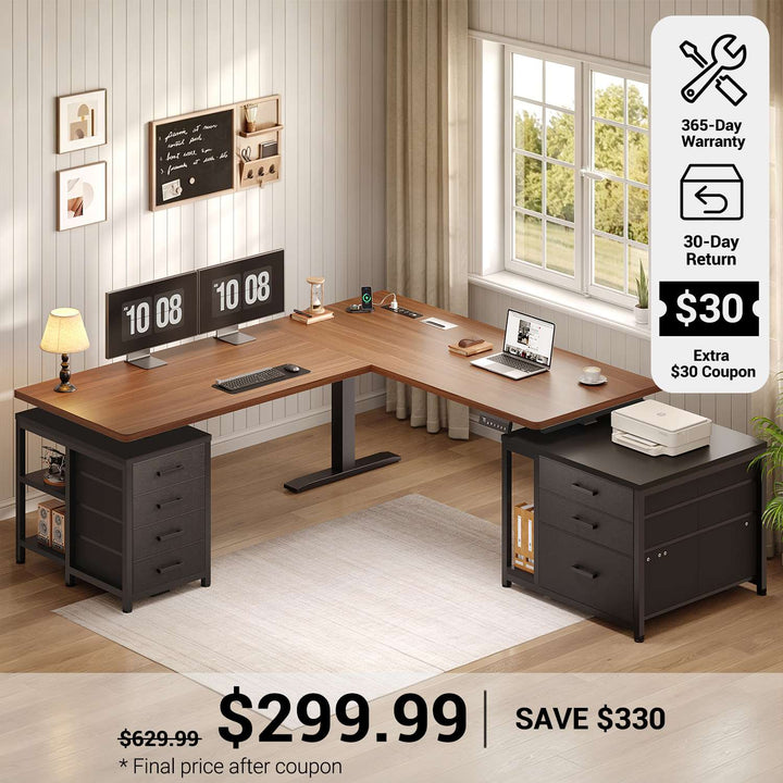 SEDETA® 63 Inch Height Adjustable Stand Up Desk with Power Outlets L Shaped Electric Standing Desk with 7 Drawers Sit Stand Desk with Storage Shelves 3 Memory Presets