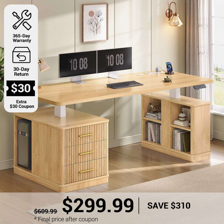 SEDETA® 63 Inch Fluted  Height Adjustable Standing Desk with 3 Drawers Electric Standing Desk with Storage Shelves Wood Home Office Stand up Desk with Power Outlets