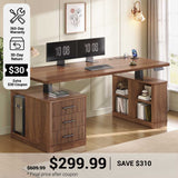 SEDETA® 63 Inch Fluted  Height Adjustable Standing Desk with 3 Drawers Electric Standing Desk with Storage Shelves Wood Home Office Stand up Desk with Power Outlets
