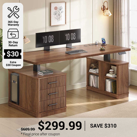 SEDETA® 63 Inch Fluted  Height Adjustable Standing Desk with 3 Drawers Electric Standing Desk with Storage Shelves Wood Home Office Stand up Desk with Power Outlets