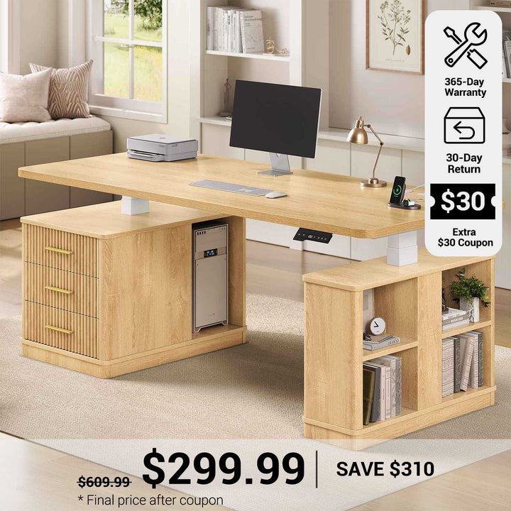 SEDETA® 63 Inch Fluted  Height Adjustable Standing Desk with 3 Drawers Electric Standing Desk with Storage Shelves Wood Home Office Stand up Desk with Power Outlets