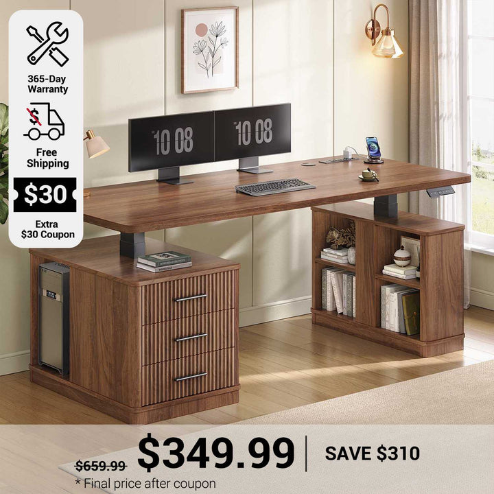 SEDETA 63 Inch Modern Fluted Electric Standing Desk Height Adjustable Computer Desk with 3 Drawers Storage Shelves Power Outlets Wood Home Office Stand up Desk